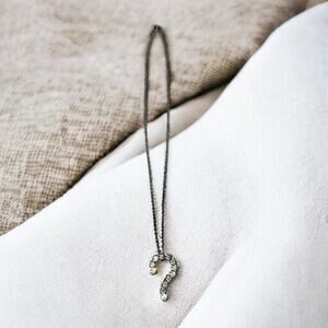 Vintage Art Deco Question Mark Crystal Rhinestone Silver Pendant Chain Necklace
